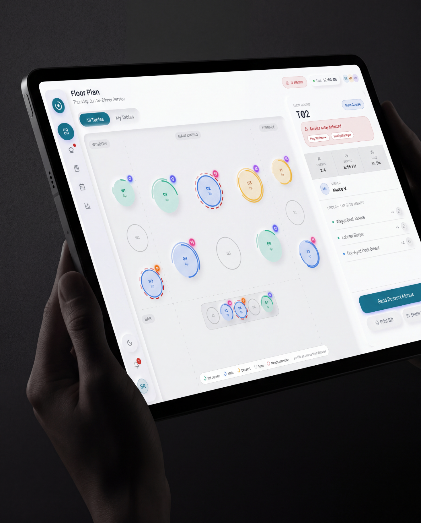 Table Flow — A real-time service-timing system for restaurant floors. High-signal, glance-and-go.